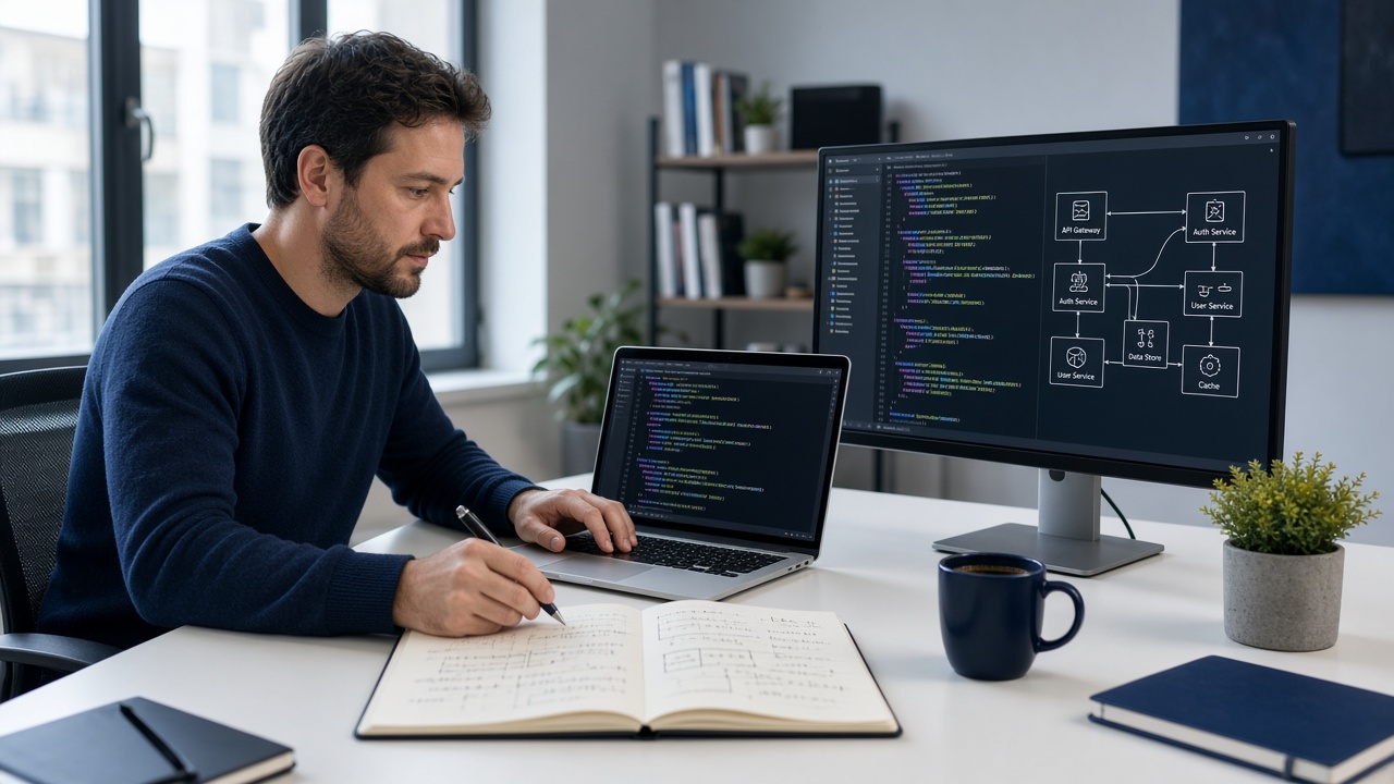 Engineer writing technical notes for the Mez Tech blog