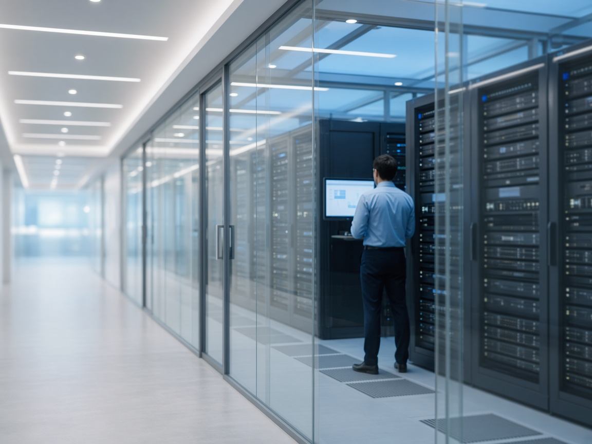 Engineer reviewing systems in a secure server room